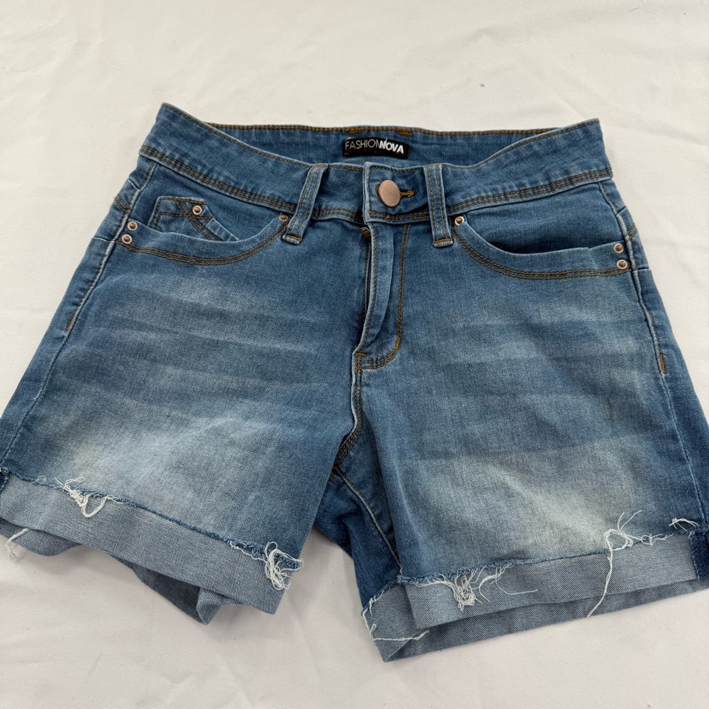 Fashion Nova Blue Jean Shorts with Frayed Hem and Distressed Look
